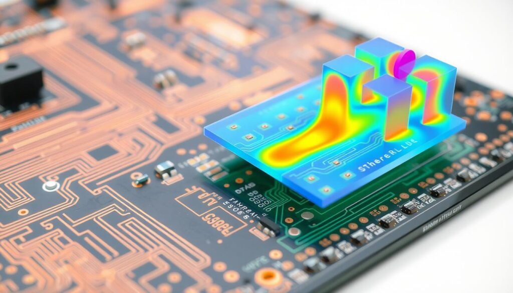 A close-up view of an automotive printed circuit board (PCB) with a focus on its thermal design. The PCB is shown in the foreground, featuring intricate copper traces and vias that dissipate heat from high-powered LED components. The middle ground showcases a detailed cross-section of the PCB layers, highlighting the use of thermal vias, copper planes, and advanced materials to manage heat buildup. In the background, a simplified 3D rendering of the PCB's thermal simulation model is displayed, showcasing color-coded hot spots and airflow patterns to optimize the design for reliable automotive LED lighting applications.