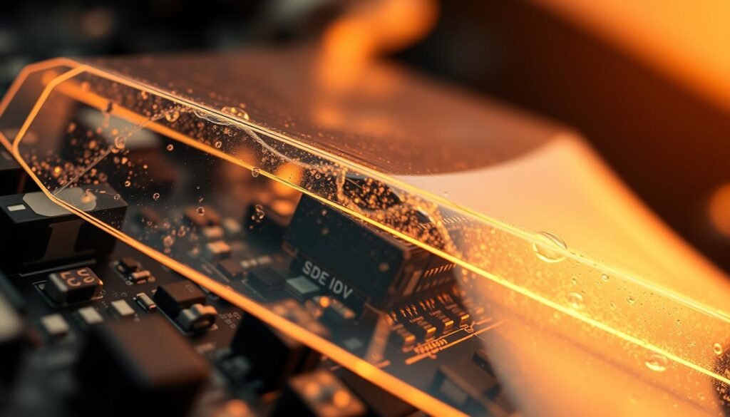 A close-up view of the intricate mechanisms of conformal coating, showcasing its protective layers and microscopic details. The scene depicts the coating's transparent film enveloping electronic components, shielding them from environmental factors like moisture, dust, and corrosion. Warm, diffused lighting illuminates the delicate structures, revealing the coating's adherence and the seamless integration with the underlying circuitry. The composition emphasizes the coating's ability to safeguard sensitive electronics, with a focus on the interplay between the protective material and the vulnerable components it shields. The image conveys a sense of technical precision and the vital role conformal coating plays in ensuring the reliable operation of outdoor energy system electronics.