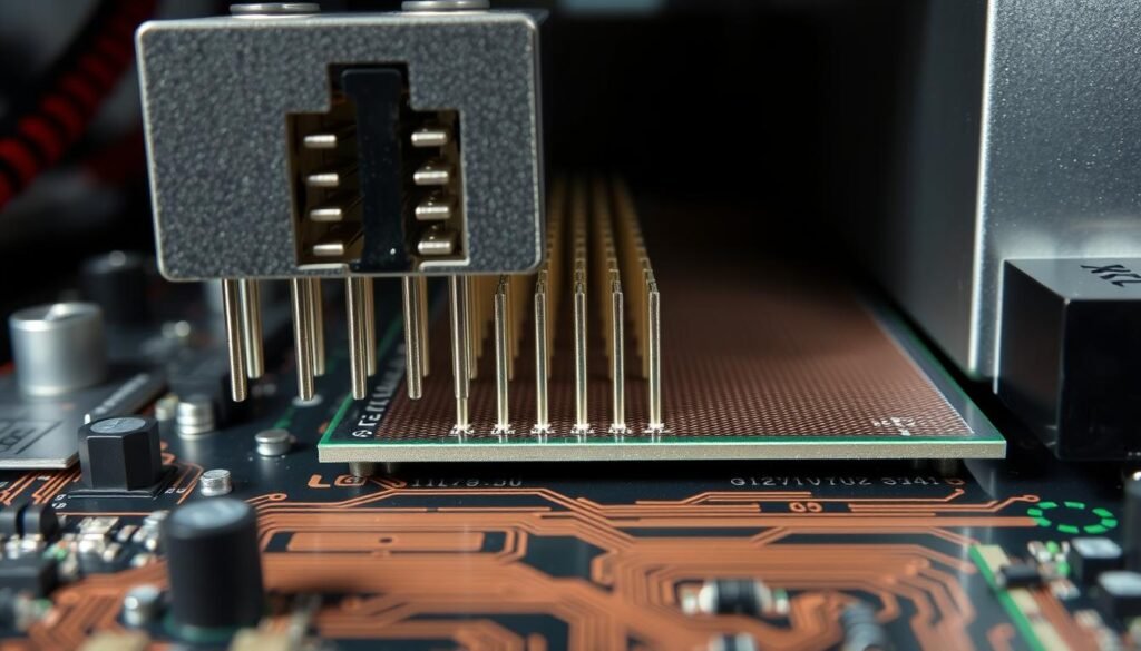 A close-up view of the press-fit assembly process, showcasing the intricate connection between a large power connector and a printed circuit board. In the foreground, the connector's metal pins are being carefully aligned and pressed into the corresponding PCB holes, creating a secure and reliable electrical interface. The middle ground features the PCB surface, with its copper traces and solder mask visible. The background is dimly lit, emphasizing the precision and focus required for this assembly task. Crisp, even lighting illuminates the scene, captured at a slightly elevated angle to provide a clear view of the press-fit action. The overall tone is one of technical expertise and meticulous workmanship, reflecting the care and attention required to assemble power systems with large press-fit connectors.