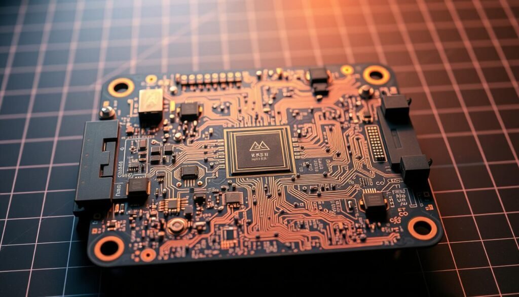 A complex drone PCB design with intricate circuits, precise component placements, and intricate copper traces. The board is illuminated by a warm, directional light, casting subtle shadows that accentuate the layered structure. The foreground showcases the delicate balance of power regulation, signal conditioning, and communication interfaces. The middle ground reveals the dense routing of high-speed digital signals and analog sensor inputs. In the background, a subtle grid pattern suggests the underlying design constraints and manufacturing considerations. The overall scene conveys the technical sophistication and engineering challenges inherent in creating a reliable, high-performance drone flight controller.