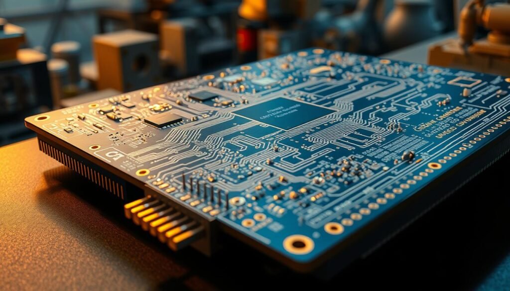 A complex multi-layer printed circuit board with precisely routed signal traces, intricate component layouts, and detailed schematics. The board is illuminated by a warm, technical lighting, casting shadows and highlights that accentuate the delicate design. In the foreground, a close-up view of the board's edge connector, with its carefully positioned pins and meticulously applied solder. The background features a blurred, industrial environment, suggesting the broader context of the electronic assembly. The overall scene conveys a sense of engineering precision, attention to detail, and the challenges of maintaining signal integrity in advanced sensor and LiDAR systems.