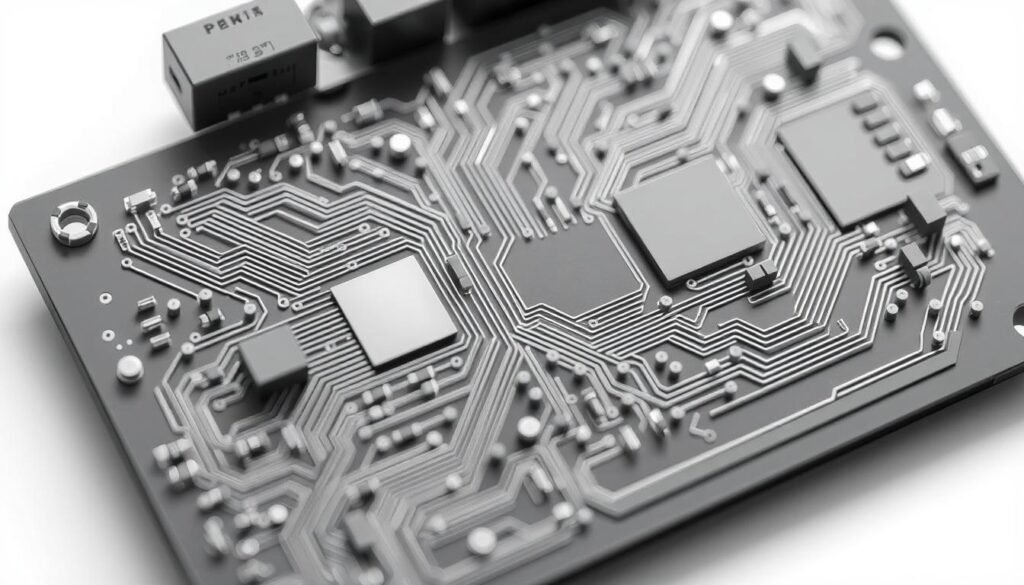 A complex power management circuit design, viewed from a diagonal angle with a technical, engineering-focused perspective. The circuit board is rendered in high detail, showcasing an intricate layout of components, traces, and interconnections. Subtle shadows and highlights accentuate the three-dimensional structure, while a muted color palette of greys, blues, and metallic tones conveys a sense of precision and functionality. The background is slightly blurred, keeping the focus on the intricacies of the circuit design. The overall impression is one of a sophisticated, well-engineered power management system, suitable for illustrating the "Fundamentals of Power Management in PCB Design" section of the article.