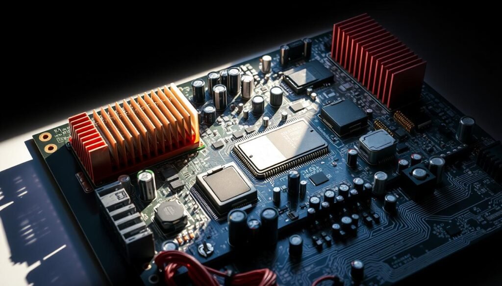A complex printed circuit board illuminated by a bright, directional light source, casting dramatic shadows and highlights across its intricate surface. The board is cluttered with an array of high-power electronic components, including large heat sinks, capacitors, and integrated circuits, showcasing the challenges of dense component placement and thermal management. The board's multilayered construction is visible, with traces and vias winding through the layers, conveying the engineering complexity required to route high-current signals. The overall scene conveys a sense of technical sophistication and the demanding performance requirements of high-power electronics applications.