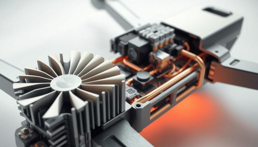 A cross-section of a drone's interior, showcasing advanced thermal management solutions. In the foreground, a sleek heatsink and fan assembly cools the central processing unit, with intricate fins and blades meticulously designed for optimal airflow. In the middle ground, a network of copper pipes and heat exchangers dissipate heat from the power distribution system and other critical components. The background reveals the drone's chassis, crafted from lightweight yet thermally conductive materials, aiding in the overall thermal management strategy. Soft, directional lighting illuminates the scene, highlighting the engineering prowess and attention to thermal efficiency in this commercial drone system.