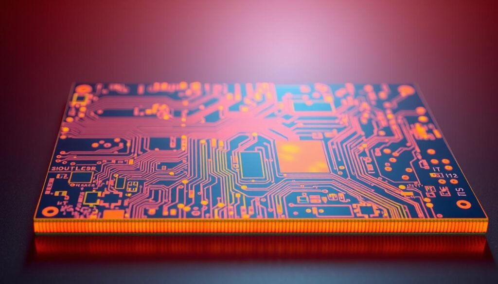 A cross-section of a printed circuit board (PCB) with thermal conductivity analysis. The board is illuminated by warm, soft lighting, revealing the intricate copper traces and layers. The foreground showcases a detailed thermal map, with hot spots and heat distribution patterns clearly visible. The middle ground features the PCB's structural elements, including vias, ground planes, and power planes. The background blends into a subtle, gradient-based environment, emphasizing the technical nature of the analysis. The overall scene conveys a sense of technical depth and precision, suitable for illustrating the thermal management challenges in solar inverter PCBAs.