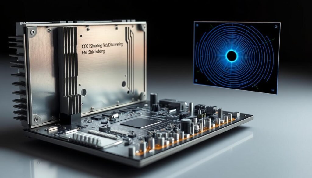 A cross-section of an electronic circuit board, showcasing advanced EMI shielding techniques. In the foreground, a precision-engineered metal enclosure with intricate shielding fins and vents, strategically placed to dissipate electromagnetic interference. The middle ground features a detailed PCB layout, with specialized grounding planes, ferrite beads, and high-frequency signal traces routed with care. In the background, a technical illustration of the electromagnetic field patterns, highlighting the effectiveness of the shielding approach. The scene is illuminated by a soft, directional light, casting subtle shadows and highlighting the engineering details. The overall mood conveys a sense of technical sophistication and attention to electromagnetic compatibility.