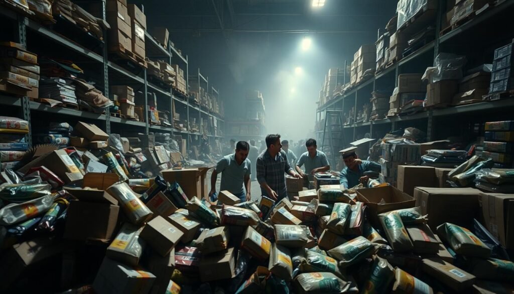 A crowded scene of disorganized shelves, boxes, and packages in a dimly lit warehouse. In the foreground, a jumble of quickly expiring consumer goods spill out, their packaging hastily applied. In the middle ground, harried workers scramble to sort and restock, their faces etched with frustration. The background is hazy, conveying a sense of chaos and uncertainty, as the pressures of rapid product turnover bear down. Dramatic shadows cast by harsh overhead lighting add to the tense atmosphere. The overall impression is one of the challenges inherent in managing the complex logistics of short-lifecycle products.