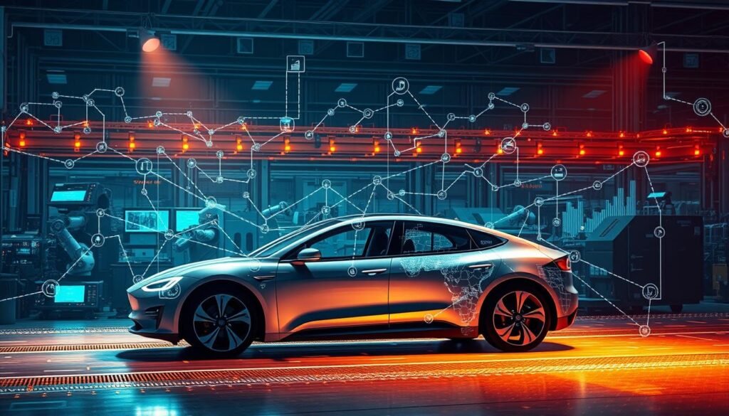 A data-driven landscape of the automotive supply chain, illuminated by a warm, overhead spotlight. In the foreground, a sleek electric vehicle takes center stage, its components meticulously tracked and analyzed. Surrounding it, intricate data visualizations and IoT sensors paint a tapestry of real-time insights, connecting each step of the manufacturing process. In the middle ground, robotic arms and automation systems seamlessly integrate, optimizing quality and efficiency. The background showcases a sprawling network of suppliers, logistics, and distribution hubs, all synced by a sophisticated analytics platform. The scene conveys a harmonious blend of technology, data, and the relentless pursuit of end-to-end traceability in the modern automotive industry.