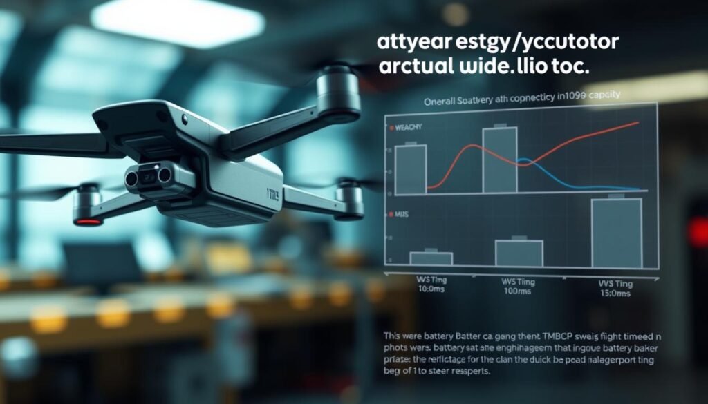 A detailed 3D infographic depicting the relationship between drone battery capacity and weight. In the foreground, a sleek, high-resolution drone model in flight, its battery pack highlighted and labeled with specific capacity metrics. In the middle ground, a technical graph or chart showcasing the tradeoffs between battery size, weight, and flight time, visualized through clean, minimalist data visualizations. The background features a softly blurred, technical-looking environment, hinting at the engineering principles behind drone power management. Lit by cool, neutral lighting to emphasize the technical nature of the subject matter. Captured from a dynamic, angled perspective to create visual interest and a sense of movement.