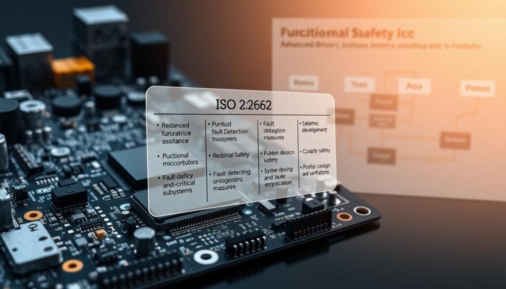 A detailed and technical illustration showcasing the core concepts of ISO 26262 functional safety for ADAS systems. In the foreground, a printed circuit board (PCBA) with advanced driver-assistance components, such as sensors, microcontrollers, and safety-critical subsystems. The middle ground features a transparent overlay highlighting the functional safety requirements, including redundancy, fault detection, and diagnostic measures. In the background, a technical diagram of the ISO 26262 standard, emphasizing the system design, development, and verification processes. The lighting is crisp and clinical, conveying a sense of precision and engineering excellence. The overall mood is one of technical sophistication, underscoring the importance of functional safety in modern ADAS systems.