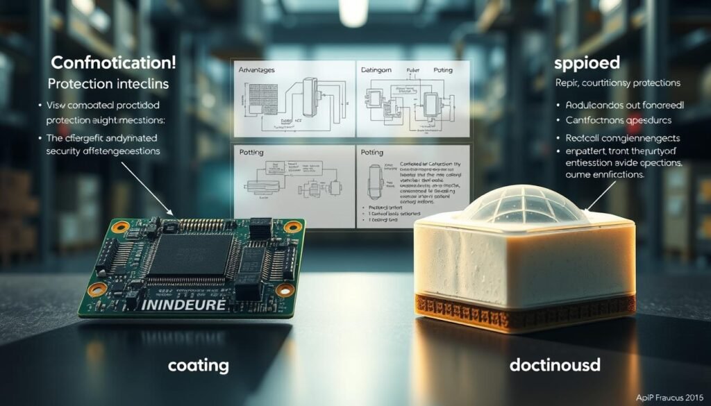 A detailed cross-section illustration showcasing a comparative analysis of protection methods for harsh environment security electronics. In the foreground, two distinct electronic modules are prominently displayed, one encased in conformal coating and the other in potting compound. Lighting is crisp and shadows are well-defined, emphasizing the textural differences between the two techniques. In the middle ground, technical diagrams and schematics provide contextual information about the advantages, disadvantages, and specific applications of each method. The background features a softly blurred industrial setting, hinting at the real-world environments where these protection solutions are employed. The overall mood is informative and technical, inviting the viewer to closely examine the intricate details of this comparative analysis.