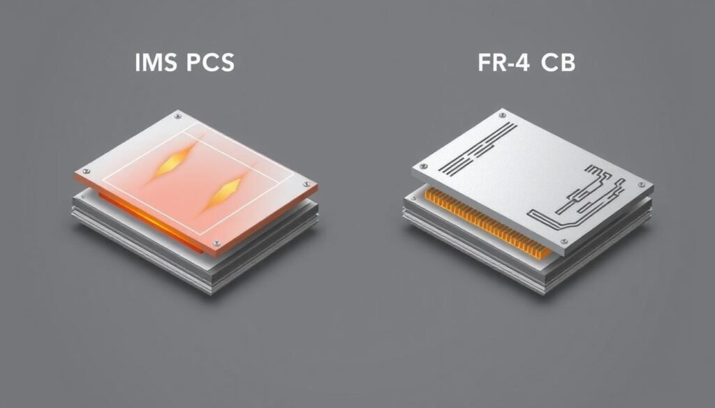 A detailed cross-sectional illustration showcasing the thermal conductivity comparison between an Insulated Metal Substrate (IMS) PCB and a traditional FR-4 PCB. The image should feature a clean, technical style with a muted color palette. The IMS PCB should be depicted on the left, with its metal core and dielectric layer highlighted, while the FR-4 PCB should be shown on the right, with its standard FR-4 material visible. Arrows or heat gradients should be used to visually represent the difference in thermal transfer between the two board types. The perspective should be slightly angled to provide depth and clarity, with a minimalist background that allows the technical details to take center stage.