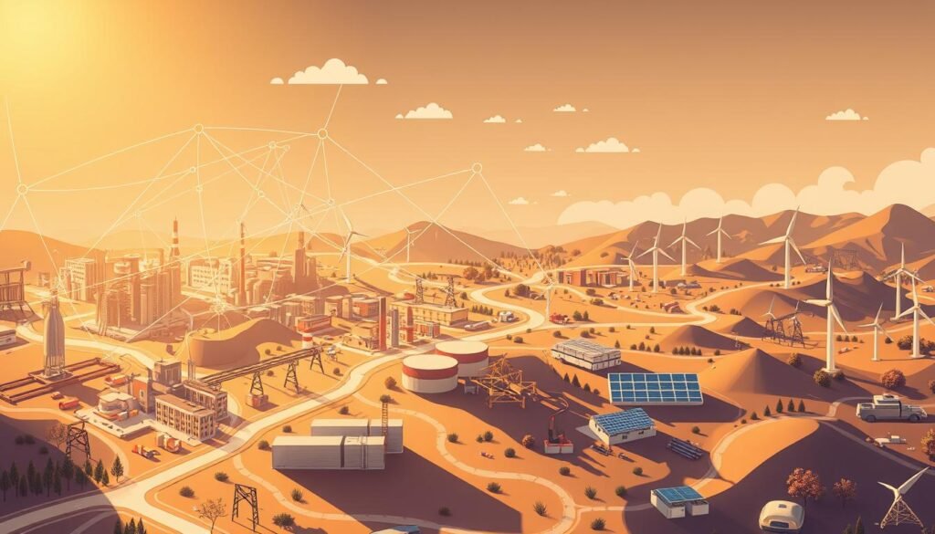 A detailed, multi-layered illustration of a battery supply chain network. In the foreground, a complex web of interconnected nodes and lines representing factories, distribution centers, and transportation routes. The middle ground features various battery components and materials, such as lithium-ion cells, electrolytes, and metal casings, flowing through the network. In the background, a stylized landscape of renewable energy sources, such as solar panels and wind turbines, hinting at the sustainable energy ecosystem that powers the battery supply chain. The scene is illuminated by a warm, directional light, casting long shadows and creating a sense of depth and dimensionality. The overall mood is one of technological sophistication, efficiency, and environmental consciousness.