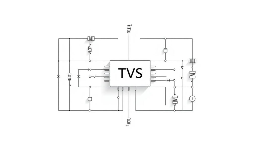 A detailed schematic diagram of a TVS diode circuit, showcasing its protective functionality. The circuit is captured in a clean, technical illustration style, with a white background and precise line work. The TVS diode is prominently displayed, surrounded by resistors, capacitors, and other essential components that make up the protection network. The layout is organized and symmetrical, emphasizing the systematic nature of the design. Subtle shadows and highlights add depth and dimensionality, while a cool, neutral color palette reflects the engineering-focused nature of the subject matter. The overall impression is one of efficiency, reliability, and sophisticated electronic design.