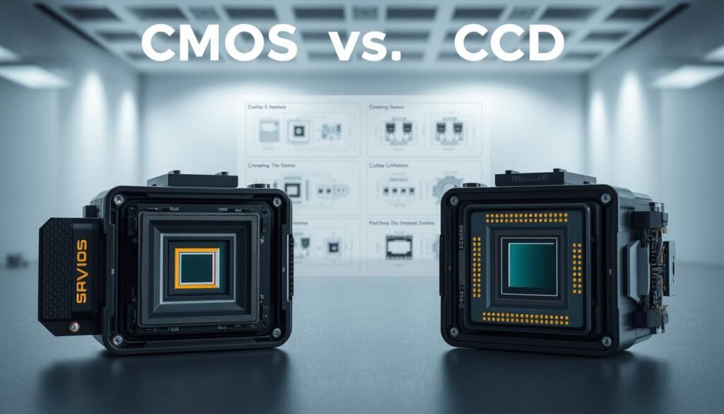 A detailed, technical comparison of CMOS and CCD image sensor technologies. In the foreground, two adjacent camera modules showcasing the distinct sensor designs, with clear visual differences in their internal structure and layout. In the middle ground, a series of technical diagrams and cross-sections highlighting the key operational principles, advantages, and limitations of each sensor type. The background features a clean, minimalist environment with soft, directional lighting to emphasize the technical aspects. The overall mood is one of scientific scrutiny and engineering precision, conveying the importance of sensor selection for advanced applications.