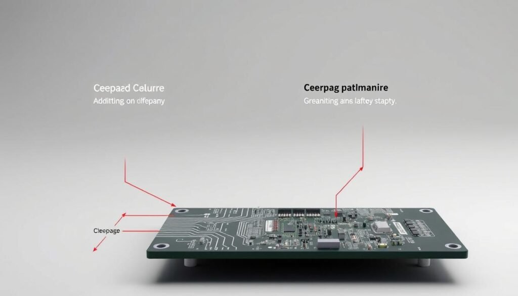A detailed technical diagram showcasing the fundamental concepts of creepage and clearance on a printed circuit board. The foreground displays a high-voltage PCBA with clearly labeled and dimensioned creepage and clearance pathways, adhering to industry safety standards. The middle ground features a clean, minimalist layout with grid lines and annotations, emphasizing the engineering principles. The background is a subdued, neutral tone that allows the technical elements to take center stage. The lighting is soft and even, creating a sense of precision and professionalism. The camera angle is slightly elevated, providing an optimal view of the PCBA and its critical safety features.