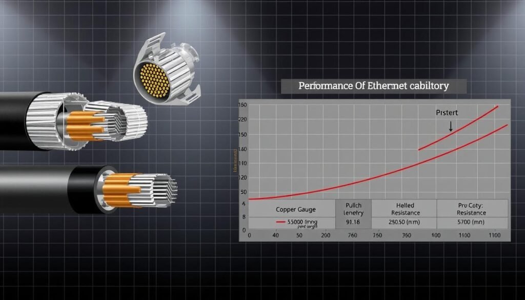 A detailed technical illustration showcasing the resistance comparison between various types of Ethernet cables. The foreground depicts cross-sectional diagrams of different cable constructions, highlighting the copper wire gauge, insulation thickness, and shielding configurations. The middle ground presents performance curves charting the resistance per unit length, with clear labeling of cable categories and their specifications. The background features a muted grid pattern, complementing the technical nature of the scene. The lighting is crisp and evenly distributed, emphasizing the precise engineering details. The overall mood is one of informative clarity, suitable for illustrating the design fundamentals and challenges of PoE PCBA development.
