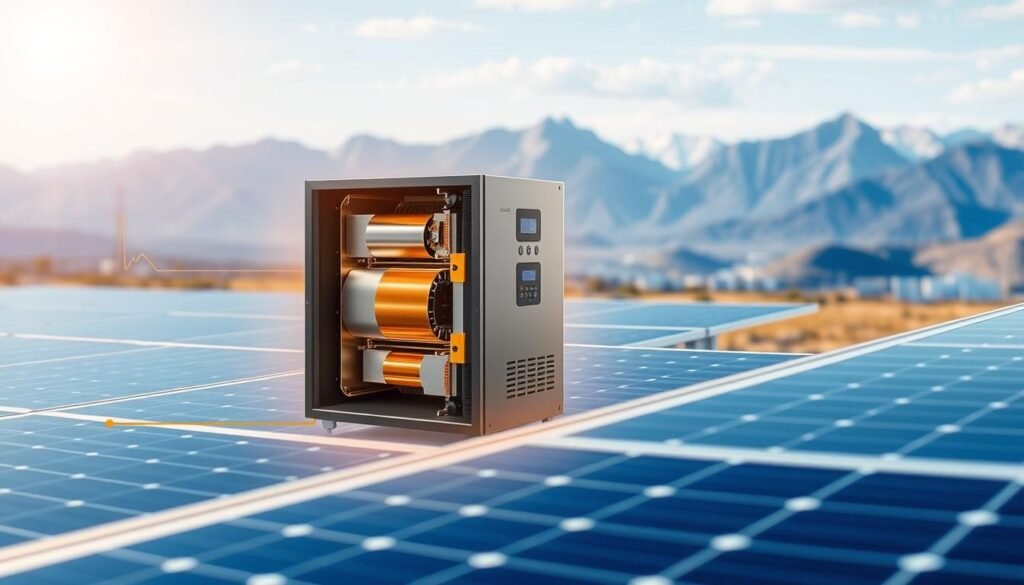 A detailed, technical schematic showcasing the key components of a comprehensive solar energy system. In the foreground, a visually striking solar panel array, its sleek, metallic surfaces gleaming under crisp, directional lighting. In the middle ground, the heart of the system - a sophisticated solar inverter, its heavy copper and aluminum core components highlighted to emphasize their critical role in thermal management. In the background, a minimalist landscape of mountains and sky, emphasizing the renewable, eco-friendly nature of this power generation setup. The overall scene conveys a sense of precision engineering, cutting-edge technology, and sustainable energy innovation.