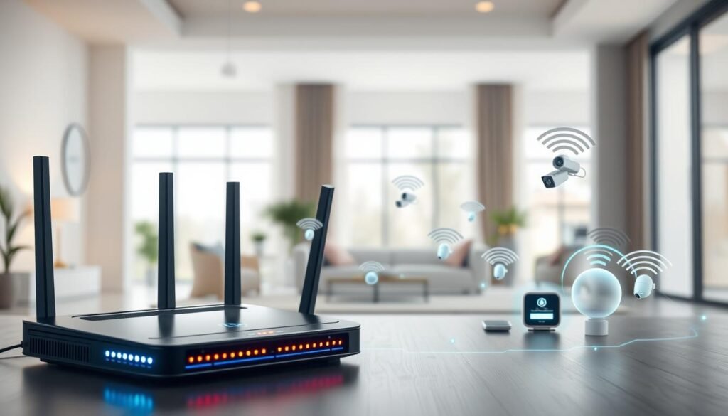A futuristic scene of optimized wireless communication in a smart home environment. The foreground shows a high-tech router or access point, its sleek design and glowing lights conveying advanced connectivity. In the middle ground, various smart home devices like lights, thermostats, and security cameras are seamlessly connected, their wireless signals represented by elegant data streams. The background features a minimalist, modern interior with large windows, allowing natural light to flood the space. The overall atmosphere is one of efficiency, innovation, and technological harmony, reflecting the seamless integration of wireless technologies in the smart home.