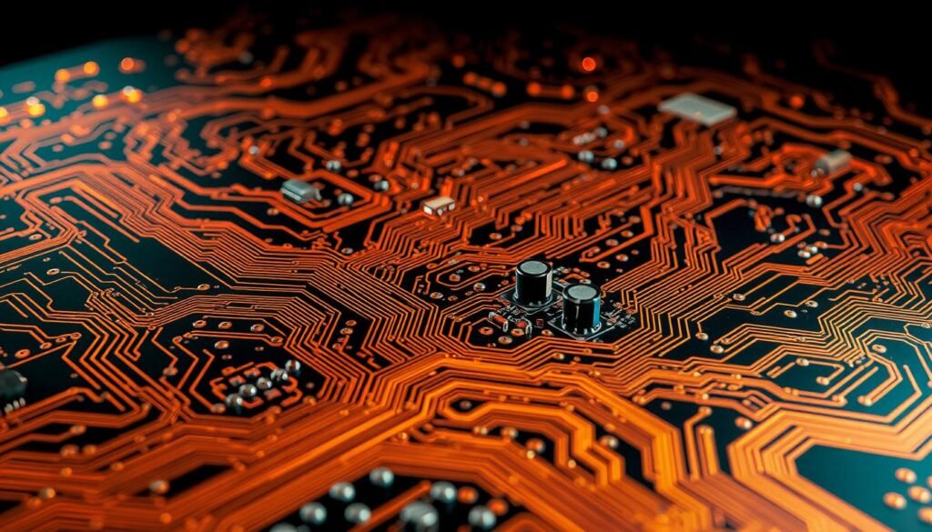 A high-precision, mixed-signal PCB design, showcasing intricate routing and layering techniques. In the foreground, a complex web of copper traces and vias intertwine, optimized for high-speed data transmission. The middle ground features strategically placed decoupling capacitors and shielding components, mitigating EMI and noise. In the background, a multilayered PCB structure is visible, with clearly delineated analog and digital domains, ensuring signal integrity. The scene is illuminated by a warm, technical glow, casting subtle shadows that accentuate the board's precise engineering. The overall composition conveys a sense of advanced, state-of-the-art PCB design principles.