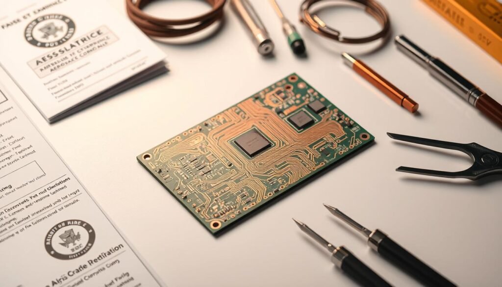 A high-quality aerospace-grade printed circuit board resting on a clean white surface, bathed in warm, soft lighting that accentuates its intricate copper traces and sleek, professional design. The board is surrounded by technical documentation, certification seals, and tools, conveying a sense of rigorous quality control and adherence to industry standards like AS9100. The overall scene exudes a mood of precision, reliability, and unwavering commitment to aerospace-grade electronics manufacturing.