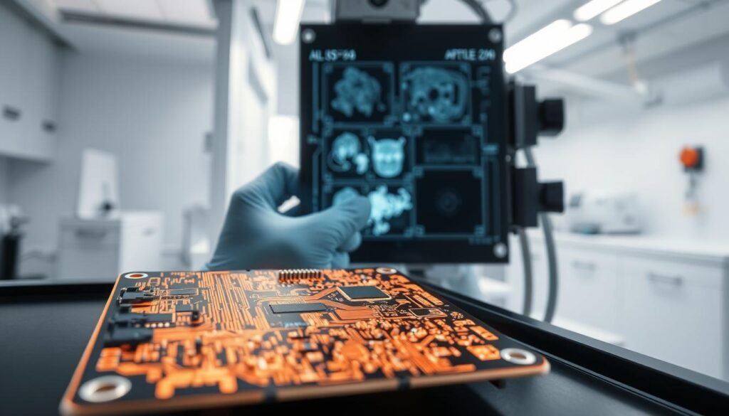 A high-quality x-ray image of a printed circuit board undergoing inspection. The PCB is positioned in the foreground, illuminated by a soft, directional light from the side, revealing its intricate copper traces and component leads. In the middle ground, a technician's gloved hands operate a specialized x-ray imaging device, capturing cross-sectional views of the board. The background is a clean, clinical laboratory setting with white walls and equipment, conveying a sense of precision and attention to detail. The overall mood is one of careful, meticulous examination, highlighting the importance of this process in ensuring the integrity and reliability of the avionics electronics.