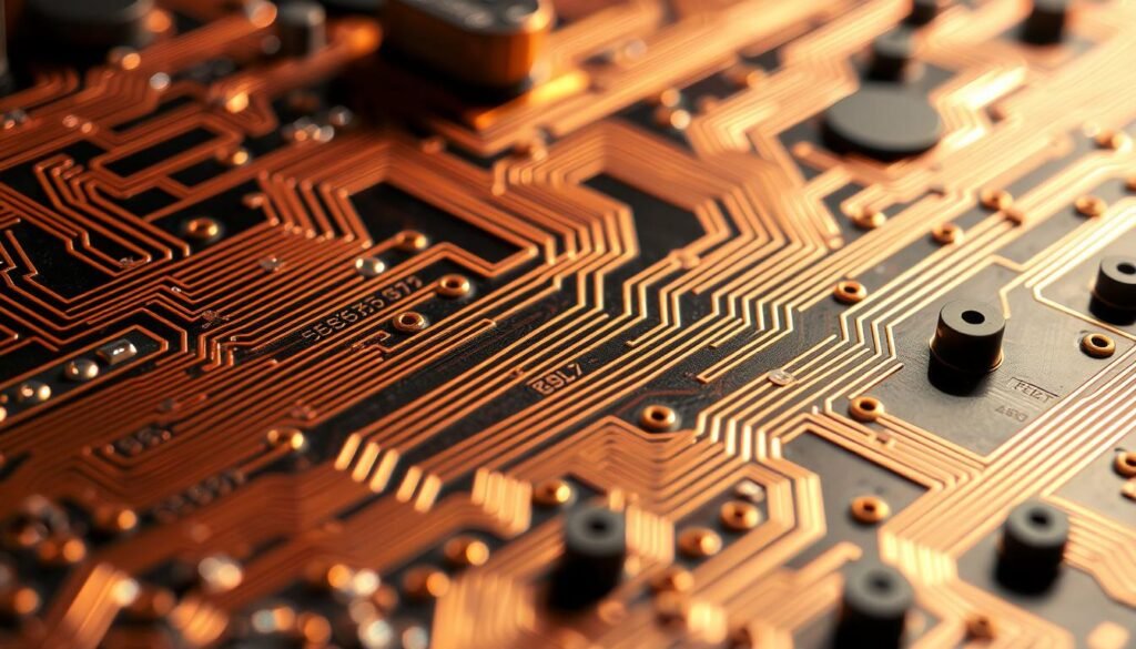A high-resolution close-up of thick, heavy-duty copper printed circuit boards, showcasing the intricate layering and robust construction. The PCBs are bathed in warm, golden lighting, highlighting the rich, burnished hue of the copper traces and the textured surface. The angle emphasizes the board's substantial thickness, conveying a sense of durability and power-handling capability. The background is slightly blurred, keeping the focus on the detailed, tactile quality of the copper PCBs. The overall impression is one of industrial strength and engineering excellence, perfectly suited to illustrate the importance of thick copper for power conversion electronics.