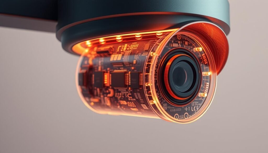 A high-resolution, detailed cross-section view of a camera printed circuit board (PCB) seamlessly integrated into a high-definition surveillance system. The PCB features intricate electronic components, precisely arranged circuits, and advanced imaging sensors. Illuminated by warm, diffused lighting, the PCB is positioned at a slight angle, showcasing its technical complexity and sleek, modern design. The background is a clean, neutral-toned environment, allowing the camera PCB integration to be the focal point, emphasizing its crucial role in delivering exceptional surveillance capabilities.