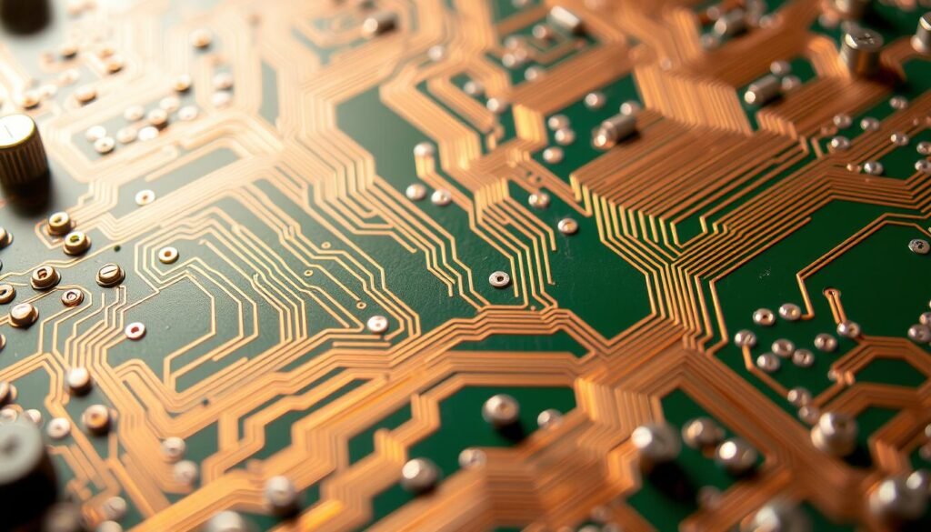 A high-resolution, detailed view of a high-voltage printed circuit board, showcasing the intricate trace spacing and insulation requirements. The board is illuminated by a soft, natural light, capturing the subtle textures and precise engineering of the copper traces, solder masks, and dielectric materials. The layout emphasizes the critical clearances and creepage distances necessary to safely handle the high voltages, with a focus on the key design considerations for maximizing electrical safety. The image conveys a sense of technical precision and engineering excellence, perfectly suited to illustrate the "Key Design Considerations for High Voltage PCB Safety" section of the article.