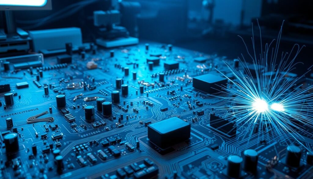 A high-speed PCB layout filled with a cacophony of electromagnetic interference sources - capacitors, inductors, and traces carrying high-frequency signals. The board is bathed in a harsh, bluish glow from the overhead fluorescent lighting, casting sharp shadows and highlighting the intricate web of conductive pathways. Subtle shimmers of electrostatic discharge dance across the surface, while a faint hum of electrical activity fills the air. The scene conveys the technical complexity and potential challenges of ensuring signal integrity in a high-speed digital design environment.