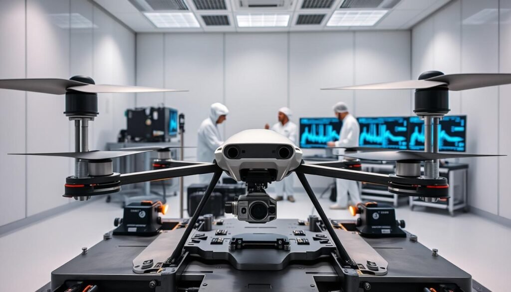 A high-tech laboratory setting with an advanced vibration testing setup. In the foreground, a sleek, drone-like UAV model is firmly clamped to a vibration platform, undergoing rigorous testing. The platform features an array of sophisticated sensors and actuators, generating a range of controlled vibrations. In the middle ground, technicians in clean-room attire carefully monitor the test data on a bank of high-resolution displays. The background showcases a clean, well-lit space with pristine white walls, conveying a sense of precision and scientific rigor. Soft, directional lighting from above casts subtle shadows, highlighting the technical details of the test setup. The overall atmosphere exudes a blend of technological sophistication and a focus on experimental validation for vibration-resistant UAV electronics.