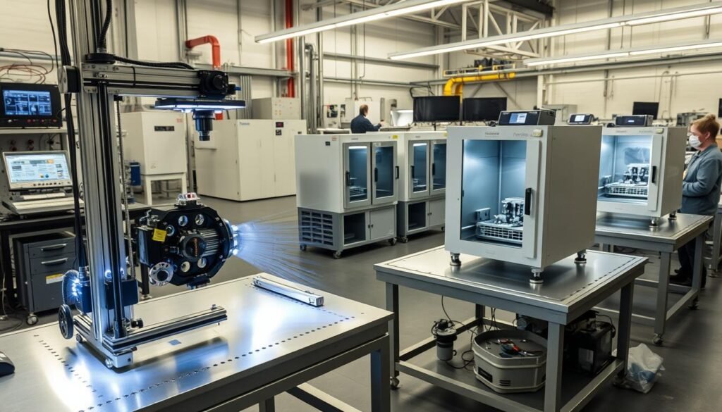 A high-tech laboratory setting, with various mechanical testing equipment arranged on sturdy steel tables. In the foreground, a specialized vibration testing rig, its rigid frame supporting a test specimen undergoing intense oscillations. Bright LED lights illuminate the scene, casting dynamic shadows that accentuate the rapid movements. In the middle ground, an array of thermal chambers, their glass viewports revealing the internal temperature cycling of electronic components. The background features a mixture of technical instrumentation, digital displays, and engineers in protective gear observing the experiments. An atmosphere of precision, innovation, and the relentless pursuit of reliability pervades the scene.