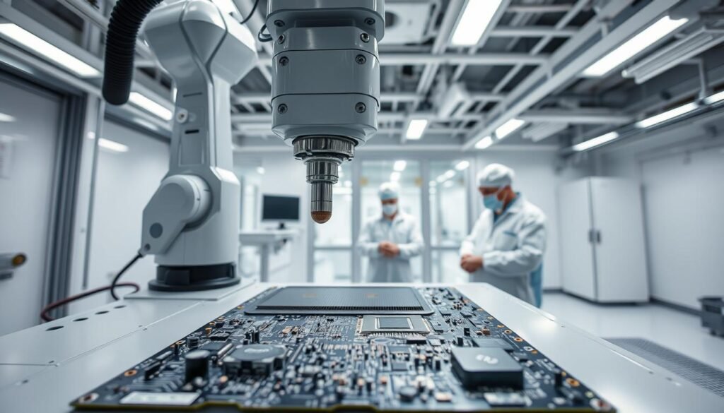 A highly detailed aerospace PCB coating process in a state-of-the-art clean room. The foreground shows a robotic arm precisely applying a thin, transparent conformal coating onto the intricate circuit board, ensuring maximum protection against environmental factors. In the middle ground, technicians in clean room suits monitor the process, scrutinizing every step. The background reveals the sleek, modern clean room facility with its laminar air flow, specialized lighting, and immaculate white surfaces. The overall atmosphere conveys a sense of precision, technology, and unwavering commitment to quality control in the aerospace industry.