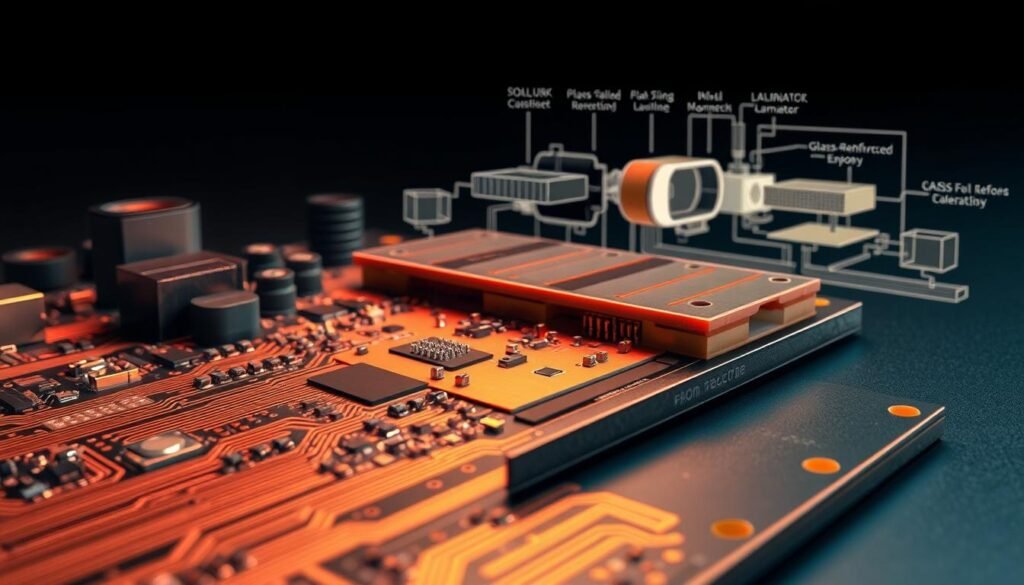 A highly detailed and accurate cross-section of a printed circuit board, showcasing the intricate layers of the PCB material. The foreground displays the copper traces, solder mask, and a variety of surface-mounted components with precise, lifelike textures. The middle ground reveals the core laminate structure, highlighting the glass-reinforced epoxy and copper foil layers. In the background, a technical illustration depicts the PCB manufacturing process, including etching, plating, and lamination. The scene is illuminated by a soft, directional light, casting subtle shadows and emphasizing the depth and complexity of the PCB construction. The overall mood conveys a sense of technical precision and engineering excellence, perfectly suited for the "Component Selection for High-Reliability Energy Sector PCBAs" article.
