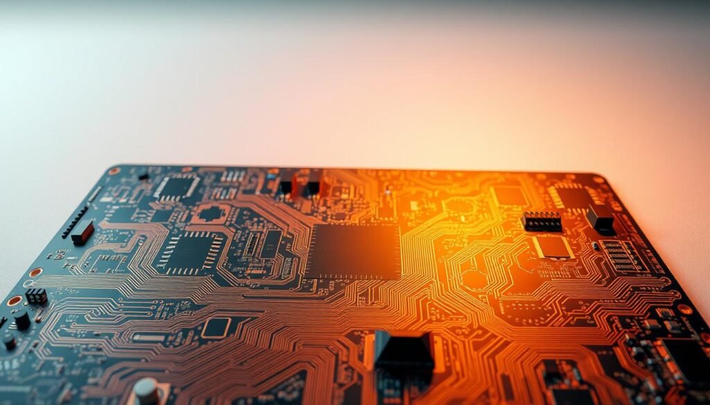 A highly detailed and technical printed circuit board (PCB) design for enhanced testability. The PCB occupies the foreground, showcasing intricate copper traces, vias, and component placements optimized for efficient testing and debugging. The middle ground features various test points, indicators, and access points seamlessly integrated into the layout. The background displays a neutral, clean environment, emphasizing the focus on the PCB design principles. Warm, directional lighting illuminates the scene, casting subtle shadows and highlights to accentuate the PCB's structure and components. The overall mood conveys a sense of precision, engineering prowess, and a thoughtful approach to designing for testability in high-volume, low-cost consumer electronics.