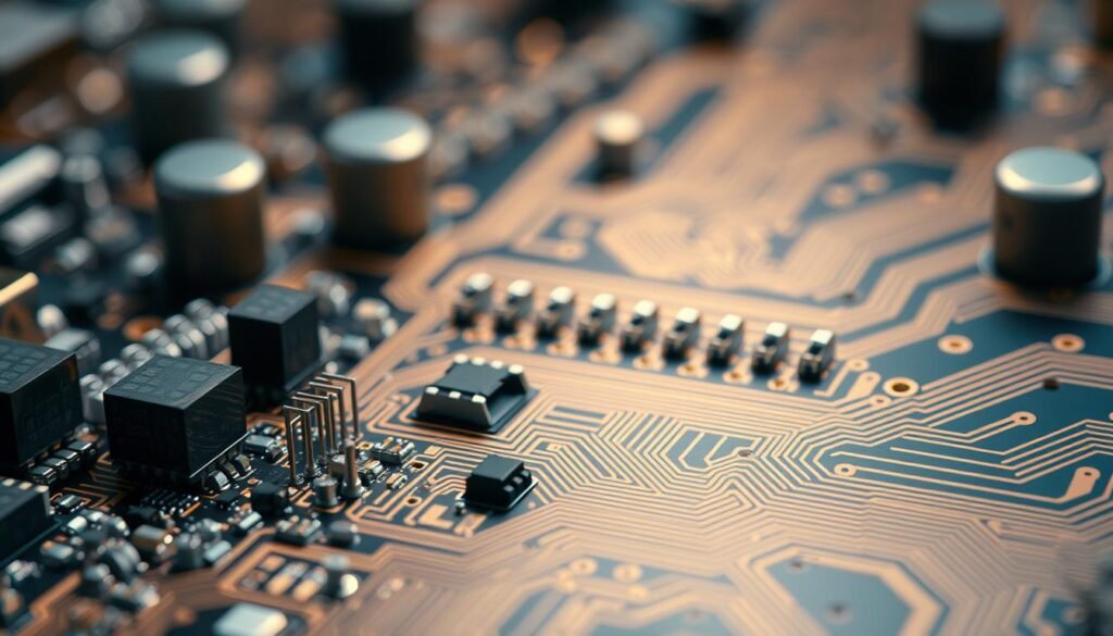 A highly detailed close-up view of a circuit board, showcasing the precise alignment of its components. The foreground features a set of delicate, densely packed electronic components, their leads perfectly positioned and soldered onto the board's intricate copper traces. The middle ground reveals the board's complex multi-layered structure, with vias and routing channels visible, all meticulously arranged. In the background, a soft, diffused lighting illuminates the scene, emphasizing the technical sophistication and attention to detail required for such high-density assemblies. The overall mood conveys a sense of engineering excellence, where form and function seamlessly converge.