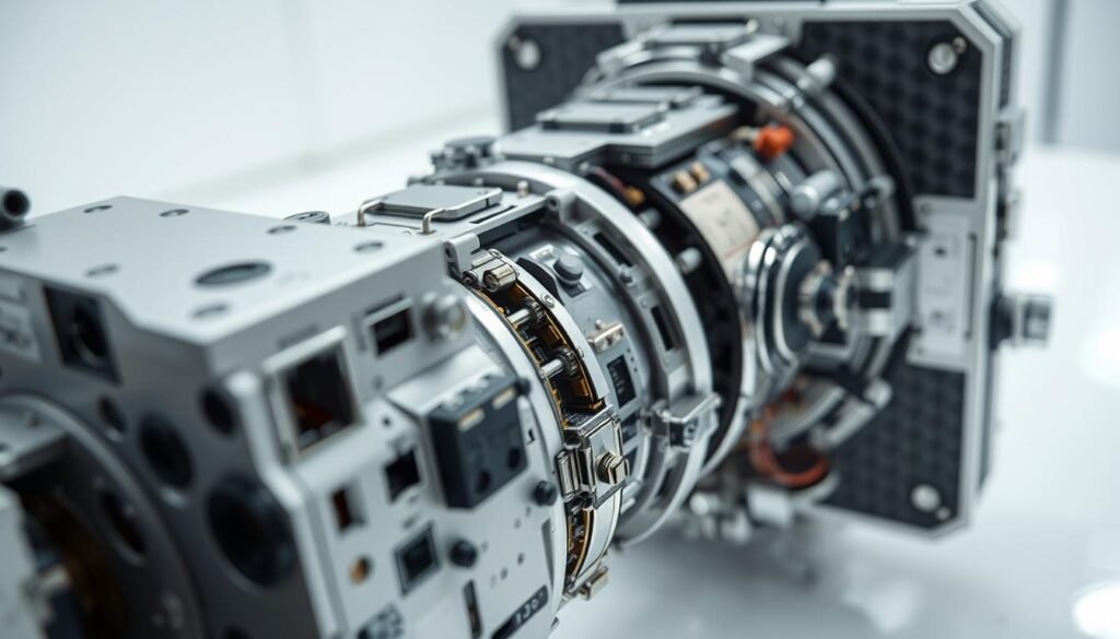 A highly detailed close-up view of a complex satellite component, showcasing its intricate engineering and precision. The foreground features a sleek, metallic casing with various ports, interfaces, and delicate circuit boards. The middle ground reveals the component's internal mechanisms, with gears, sensors, and intricate wiring, all bathed in a soft, diffused lighting. The background suggests a controlled, sterile environment, with clean white surfaces and subtle reflections, emphasizing the component's mission-critical nature. The overall atmosphere conveys a sense of technological sophistication, attention to detail, and the crucial role this component plays in a satellite system.