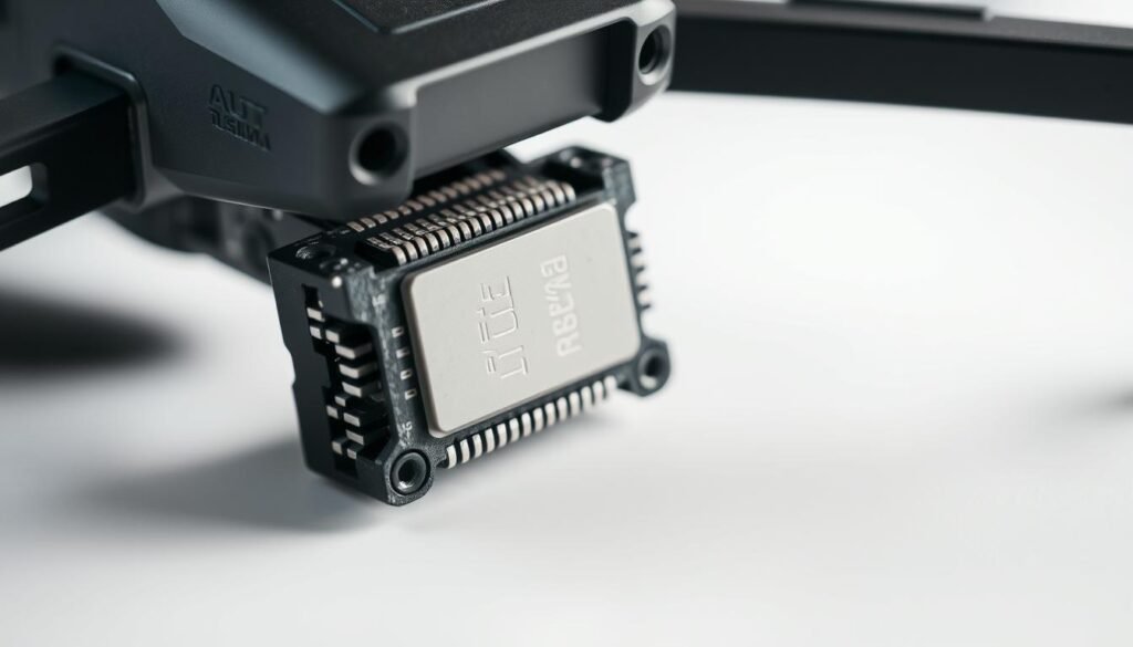 A highly detailed, close-up view of a drone electronic speed controller (ESC) showcasing its thermal interface materials. The ESC is positioned prominently in the foreground, its sleek black casing contrasted against a clean, white background. The thermal interface materials, such as thermal pads or thermal grease, are visible between the ESC and a heat sink or mounting surface, highlighting their crucial role in efficient heat transfer. Lighting is soft and diffused, emphasizing the technical details and textures of the components. The overall mood is one of precision, technical sophistication, and a focus on the key elements of thermal management for high-power drone applications.