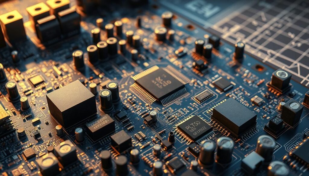A highly detailed, close-up view of an avionics printed circuit board assembly (PCBA), captured in a crisp, technical illustration style. The PCBA is bathed in warm, directional lighting, casting subtle shadows that accentuate the intricate components and traces. In the foreground, various integrated circuits, capacitors, resistors, and other electronic parts are prominently displayed, showcasing their precise geometries and interconnections. The middle ground features the board's expansive layout, with neatly organized sections and connectors. In the background, a subtle grid pattern or technical blueprint provides context, emphasizing the assembly's engineering and functionality. The overall mood is one of precision, sophistication, and uncompromising reliability - reflecting the key components and functions of aerospace-grade PCB assemblies.