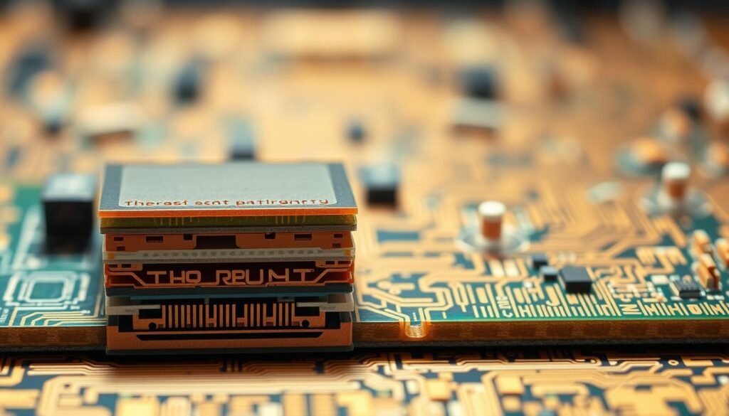 A highly detailed, close-up view of thermal performance printed circuit board (PCB) materials, showcasing their intricate structures and properties. The foreground features a cross-section of a multilayer PCB, revealing the various copper layers, dielectric insulation, and specialized high-temperature laminate materials. The middle ground highlights the microscopic patterns and textures of the PCB surface, capturing the subtle variations in material composition. The background presents a blurred, out-of-focus, but evocative rendering of the broader PCB assembly, suggesting its complex and interconnected nature. The lighting is soft and diffused, emphasizing the technical and engineering-focused atmosphere. The overall mood is one of precision, technicality, and a deep dive into the specialized materials that enable high-performance aerospace PCBAs.