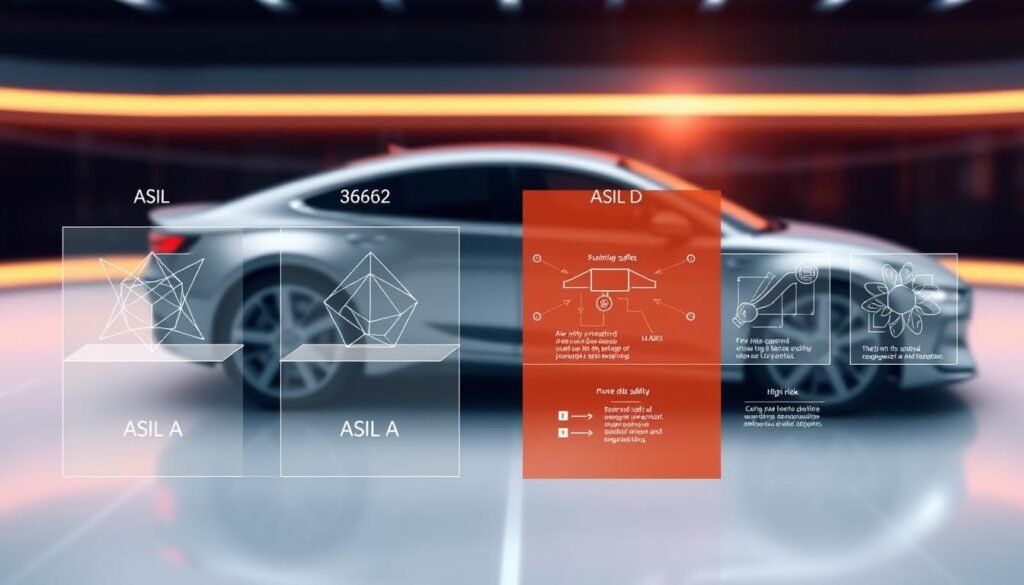 A highly detailed, scientifically accurate illustration depicting the four functional safety levels defined in the ISO 26262 automotive safety standard. In the foreground, a transparent schematic showcases the progression from ASIL A (low risk) to ASIL D (high risk), with each level distinctly represented by elegant geometric shapes and a corresponding color palette. The middle ground features precise technical diagrams highlighting the specific safety requirements and design constraints for each ASIL level. In the background, a sleek, futuristic automotive backdrop sets the scene, emphasizing the importance of functional safety in modern ADAS and autonomous driving systems. The overall tone is one of technical precision, scientific rigor, and a commitment to ensuring the highest levels of safety in automotive electronics.