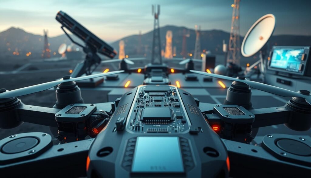 A highly detailed, scientifically accurate rendering of the core communication components powering a state-of-the-art drone. In the foreground, a sleek, futuristic drone chassis with integrated antennas, sensors, and communication modules. The middle ground showcases a complex array of circuit boards, microchips, and data buses, pulsing with digital signals. In the background, a serene landscape of high-tech satellite dishes, radio towers, and command center displays, bathed in a cool, technical lighting. Precise attention to engineering aesthetics, materials, and technical specifications to capture the essence of drone communication systems.