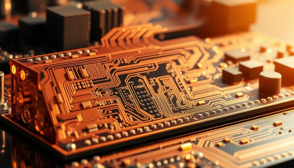 A highly detailed, technical cross-section view of a state-of-the-art HDI (High-Density Interconnect) printed circuit board, showcasing its advanced features and advantages in modern electronic systems. The image should depict the intricate copper traces, vias, and micro-vias with exceptional clarity, highlighting the increased component density, reduced signal propagation delays, and improved thermal management capabilities of HDI PCBs. The scene should be illuminated by a warm, natural lighting source, casting subtle shadows and reflections to emphasize the precision and complexity of the design. The overall mood should convey a sense of technological sophistication and engineering excellence.