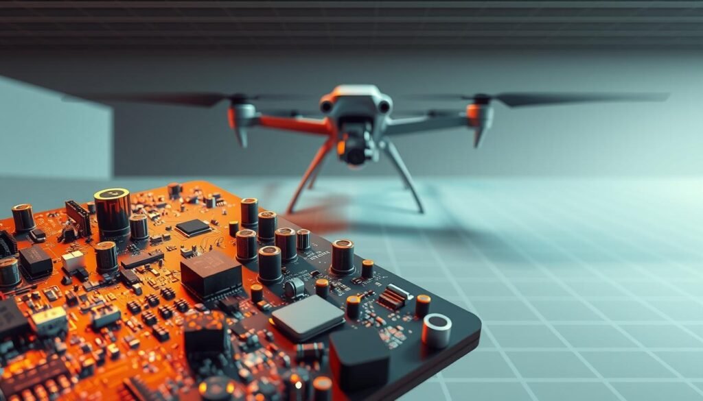 A highly detailed, technical illustration of a drone's power management system. In the foreground, a complex printed circuit board (PCBA) with various integrated circuits, capacitors, and power regulation components. The PCBA is illuminated by warm, directional lighting, casting shadows that emphasize the intricate circuitry. In the middle ground, a sleek, futuristic drone frame hovers, its sensors and payloads visible. The background features a clean, minimalist environment with a subtle grid pattern, conveying a sense of precision and technological sophistication. The overall scene radiates a mood of advanced engineering, efficiency, and the seamless integration of power management within a high-performance drone system.