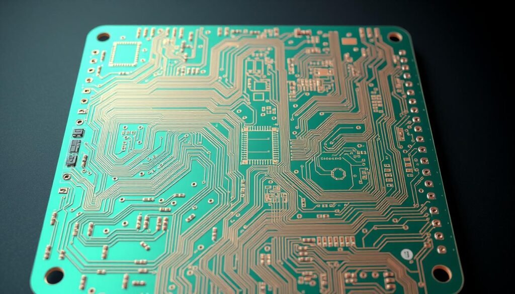 A highly detailed, technical illustration of a printed circuit board (PCB) design, showcasing best practices for rigid-flex PCBA solutions in gimbals and compact drone designs. The PCB is rendered with precision, highlighting intricate copper traces, vias, and component footprints. The layout is organized and visually striking, with a clear focus on the rigid-flex transition areas. The image conveys a sense of engineering excellence, with a professional, high-quality aesthetic suitable for an instructional article. Crisp lighting from multiple angles accentuates the PCB's complex structure, while a neutral, muted color palette maintains a technical, analytical tone.