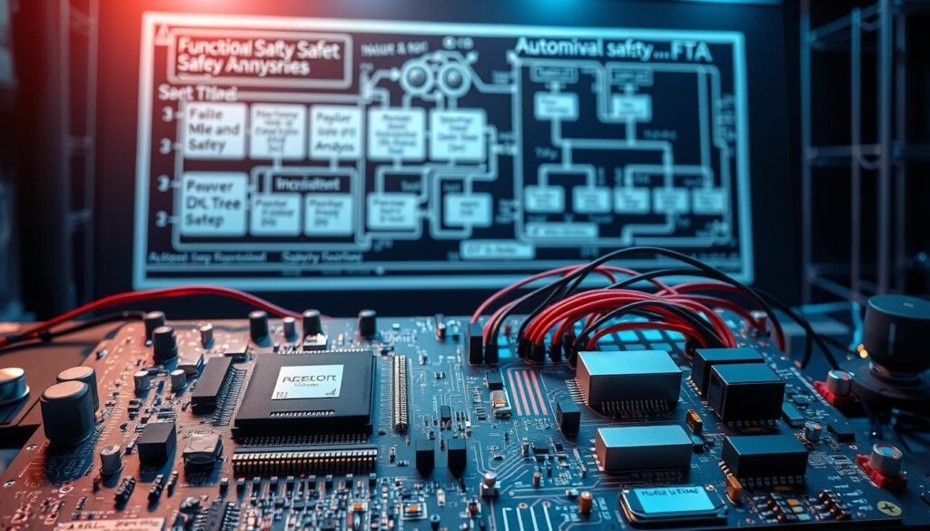 A highly detailed, technical illustration of automotive functional safety standards. The foreground features a precision-engineered circuit board with various safety-critical components, including microcontrollers, sensors, and redundant power systems. The middle ground showcases a complex wiring harness, symbolizing the intricate connectivity required for robust functional safety. In the background, an abstracted engineering diagram depicts safety analysis methodologies, such as Failure Mode and Effects Analysis (FMEA) and Fault Tree Analysis (FTA). The scene is illuminated by a cool, clinical lighting setup, emphasizing the importance of rigorous design and verification processes. The overall mood conveys a sense of engineering excellence, precision, and a steadfast commitment to automotive functional safety.