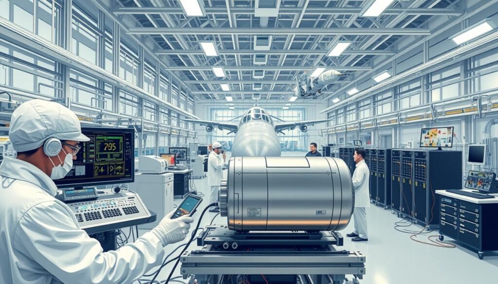 A highly detailed, technical illustration showcasing avionics testing protocols in a state-of-the-art aerospace engineering lab. In the foreground, an engineer in a clean-room suit meticulously calibrates a sleek, silver avionics module on a precision testing rig, flanked by diagnostic readouts and monitoring equipment. In the middle ground, several other technicians monitor various test procedures, surrounded by a maze of wiring, test probes, and diagnostic displays. The background reveals a vast, high-ceilinged lab space filled with specialized testing apparatus, banks of servers, and an array of suspended aerospace components undergoing rigorous evaluation. Crisp, even lighting accentuates the clinical, methodical atmosphere, with a slight blue-tinted hue suggestive of the precise, mission-critical nature of the work.