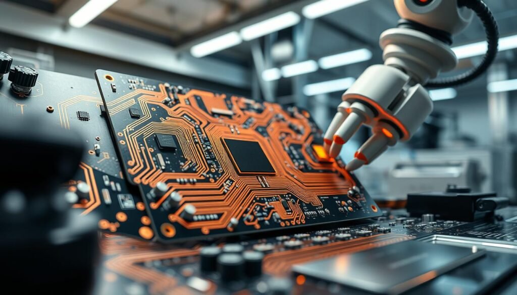 A highly detailed, technically accurate aerospace PCB design and assembly, set against a sleek, futuristic backdrop. The intricate circuit board is the focal point, its copper traces and integrated components meticulously rendered under crisp, directional lighting. The assembly process is showcased, with robotic hands delicately placing components and a clean, sterile lab environment surrounding the work. The overall mood is one of precision engineering, technological sophistication, and the advancement of aerospace electronics. The camera angle provides a close, immersive view of the design and manufacturing, emphasizing the complexity and importance of these flight-critical systems.