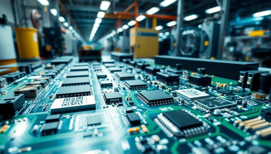A highly detailed, technically accurate illustration of an automotive PCBA component tagging implementation. A close-up view of a PCB surface, showcasing various electronic components tagged with QR codes and NFC chips, captured under bright, evenly-lit conditions with a macro lens. The foreground features the tagged components in sharp focus, while the middle ground shows the PCB interconnects and the background subtly reveals the PCB assembly within a secure, factory-like environment. The image conveys a sense of precision, traceability, and end-to-end visibility across the automotive PCBA supply chain.