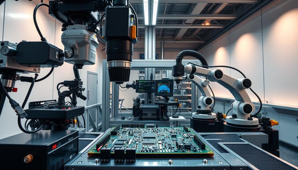 A highly detailed, technologically advanced press-fit inspection station situated in a sleek, modern manufacturing environment. In the foreground, an array of specialized cameras and sensors meticulously examine the intricate connections of a complex printed circuit board, capturing every minute detail. The middle ground showcases robotic manipulators delicately handling the board, while diagnostic displays provide real-time quality assurance data. The background features a clean, well-lit workspace with minimalist industrial aesthetics, conveying a sense of precision and control. Warm, directional lighting from above casts dramatic shadows, emphasizing the technological prowess of this advanced inspection process.